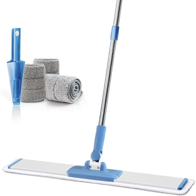 CQT Commercial Flat Microfiber Floor Mop Cleaning System 24 Inch Wet Dry and Dust Hardwood with 4 Washable Pads Cleaner for Laminate Tile Stainless Steel Handle and Extension (Blue)