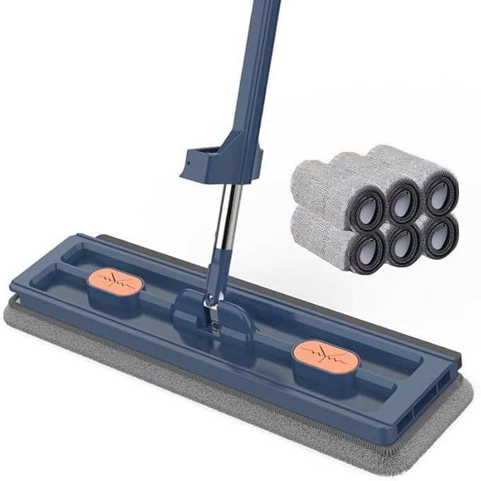 Large Flat Mop360° Rotatable Cleaning Mop50 Inch Long HandleWashable Reusable Microfiber Pads for Floor Cleaning (Blue with 6 pad)