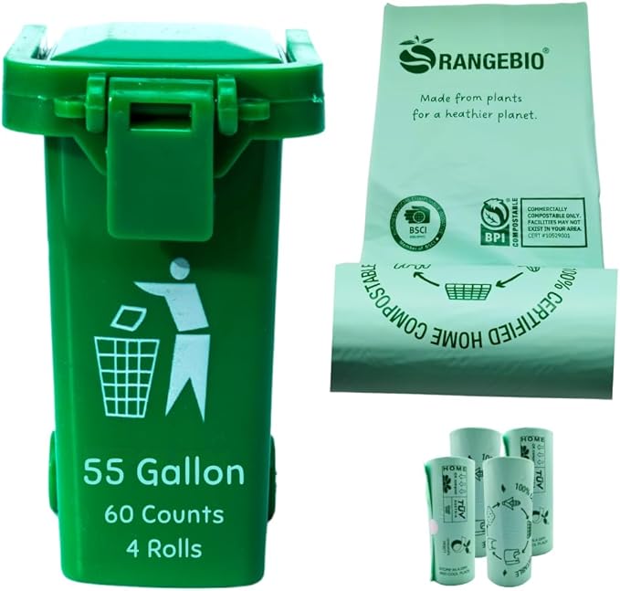OrangeBio 55 Gallon Compostable Trash Bags 60 Count Heavy Duty Garbage Bags for Contractor Yard Waste &amp Commercial Food Waste Plant-Based BPI ASTM D6400 &amp TÜV OK Compost Home Certified