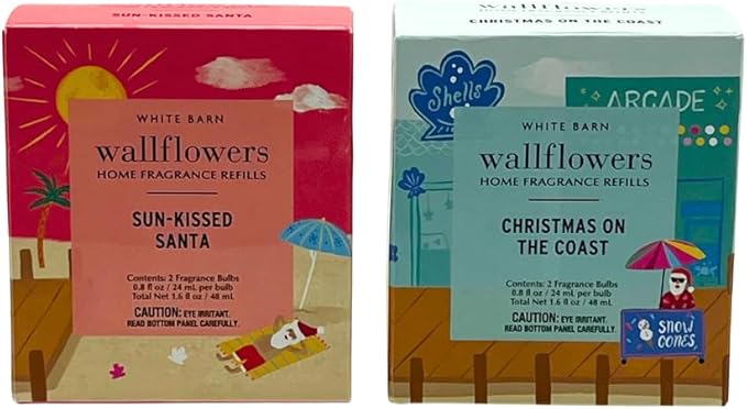 Bath &amp Body Works Wallflowers Refills Christmas Scents 4-Bulb Bundle – Holiday Tropical &amp Coastal Collection – Limited Edition Gift Set with a Blue Bow(Sun-Kissed Santa + Christmas on The Coas
