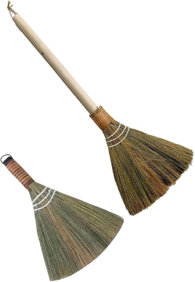 BESPORTBLE 2pcs Household Brooms Set with Long Handle and Small Woven Whisk Broom Hand- Dust Brush for Indoor Sweeping and Desktop Cleaning
