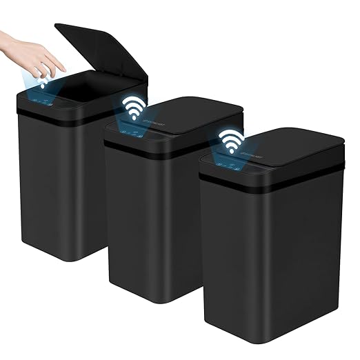 3 Pack Bathroom Trash Can with Lid 2.5 Gallon Small Slim Trashcan Automatic Trash Can Touchless Motion Sensor Waterproof Plastic Trash Bin for Bedroom Kitchen Office Living Room (Black)