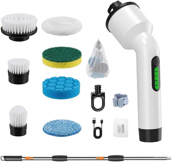 Electric Spin Scrubber Cordless IPX7 Waterproof Cleaning Brush with Dual-Hook Design 7 Replaceable Brush Heads Adjustable Telescopic Handle &amp 2 Speeds for Bathroom Kitchen Floor