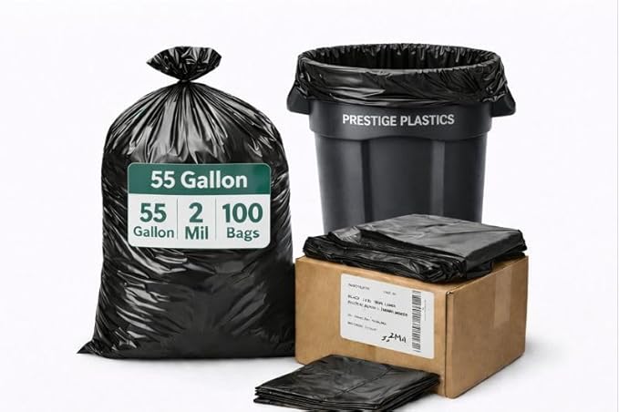 Heavy Duty 55 Gallon Black Trash Bags 2 Mil Thick Commercial Garbage Bags (23x19x47) Tear &amp Puncture Resistant Kitchen Restaurant Hotel &amp Janitorial Bags – 100 Count
