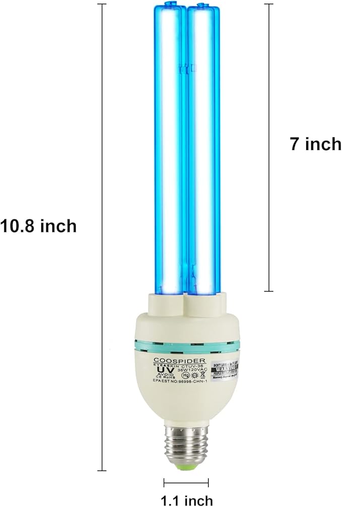 36 Watts UVC Light Bulb UV Lamp for Basement/Storehouse/Car E26 110V CTUV-36 (Ozone Free)
