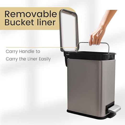 5 Liter / 1.3 Gallon Trash Can with Removable Liner Soft Close lid &amp Step Pedal Stainless Steel Trash Bin for BathroomBedroomHome OfficeGrey