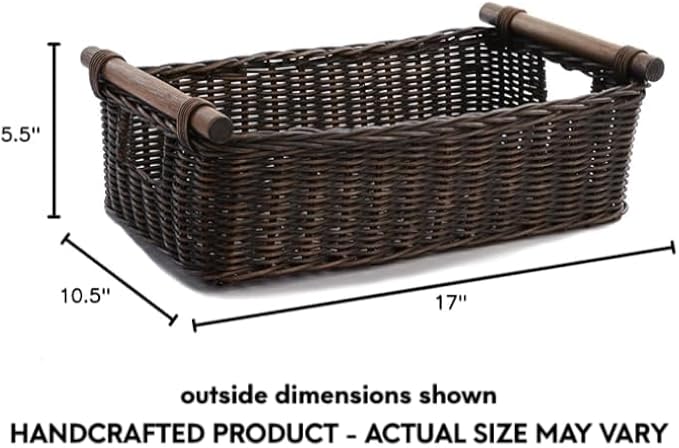 The Basket Lady Low Pole Handle Wicker Storage Basket Medium 17 in L x 10.5 in W x 5.5 in H Antique Walnut Brown