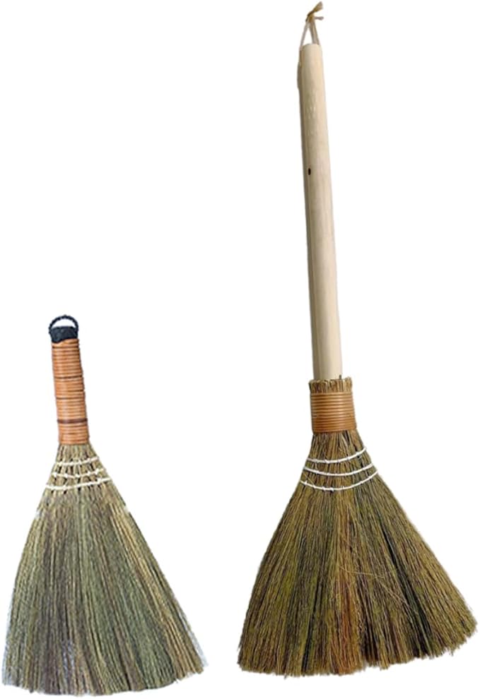 2pcs Natural Bamboo Broom Set Handmade Indoor Cleaning Brooms Long Handle Dust Removing for Home and Kitchen Woven Design