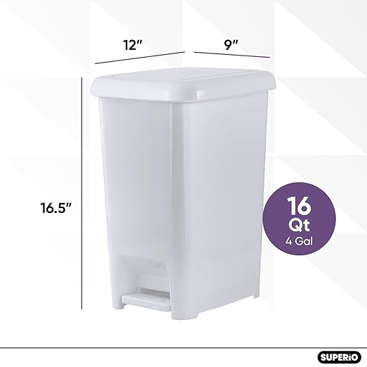 Superio Slim Trash Can with Foot Pedal – 4 Gallon Step-On Dustbin Small Plastic Garbage Can with Lid Trash Can for Bathroom Bedroom RV Kitchen Office Patio or Dorm – White Smoke