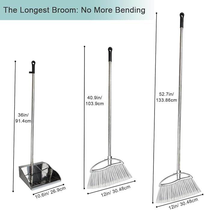 Metal Dustpan and Heavy Duty Broom Set Stand Up Dustpan with Outdoor Stiff Bristles Broom for Hardwood Patio Room Office Floor Sweeping