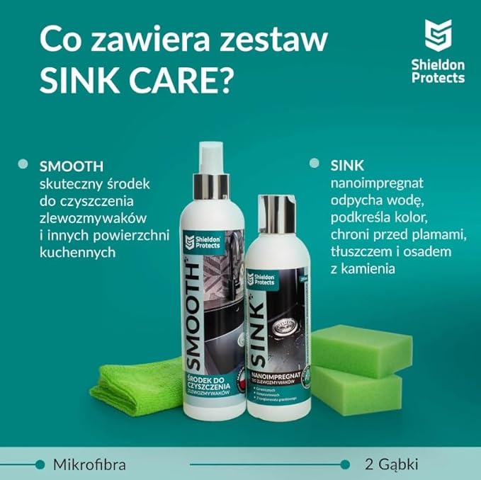 Shieldon Sink Care Kit – Cleaner &amp Nano Sealer for Granite Composite Ceramic &amp Natural Stone Sinks – Restores Shine Repels Stains Grease &amp Hard Water – 2 Sponges &amp Microfiber Cloth