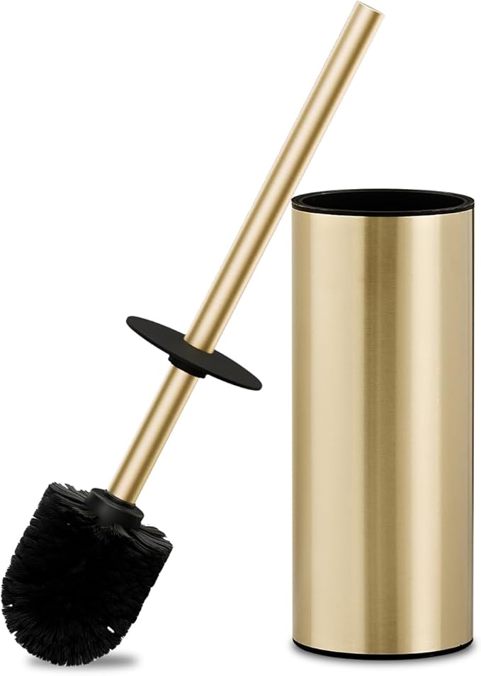 304 Stainless Steel Toilet Bowl Brush and Holder Set Circular Floor Toilet Brush Holder Long Handle Bathroom Heavy-Duty Cleaner High-End Cylinder Wall2 Brush Head (Brushed Gold) YIGUANXIN