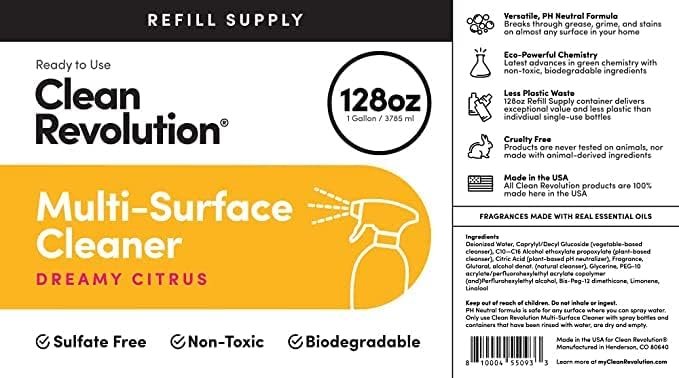 Clean Revolution Multi Surface Cleaner Refill Supply Non-Toxic Eco-Friendly &amp Plant-Based Ready to Use Dreamy Citrus 128 Fl Oz (Pack of 4)