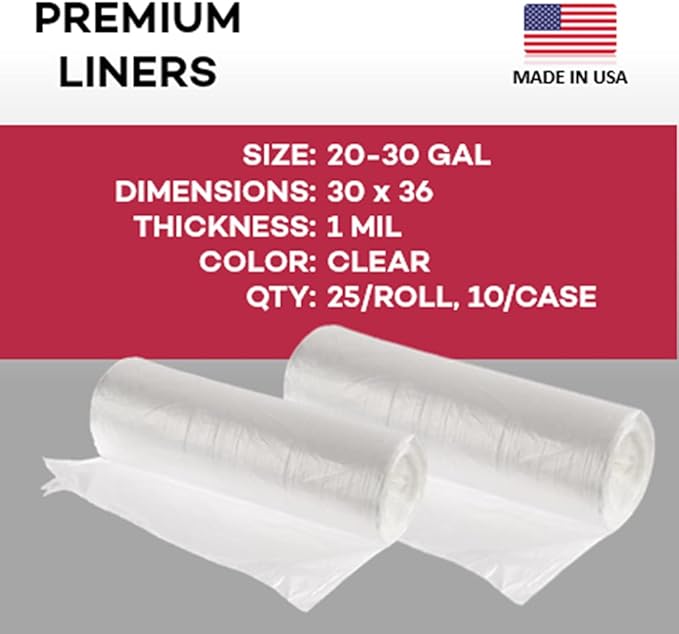 Dealmed Trash Bag | Made in USA | 20-30 Gallon 30 x 36 1 mil Clear | 25/Roll 10/Case