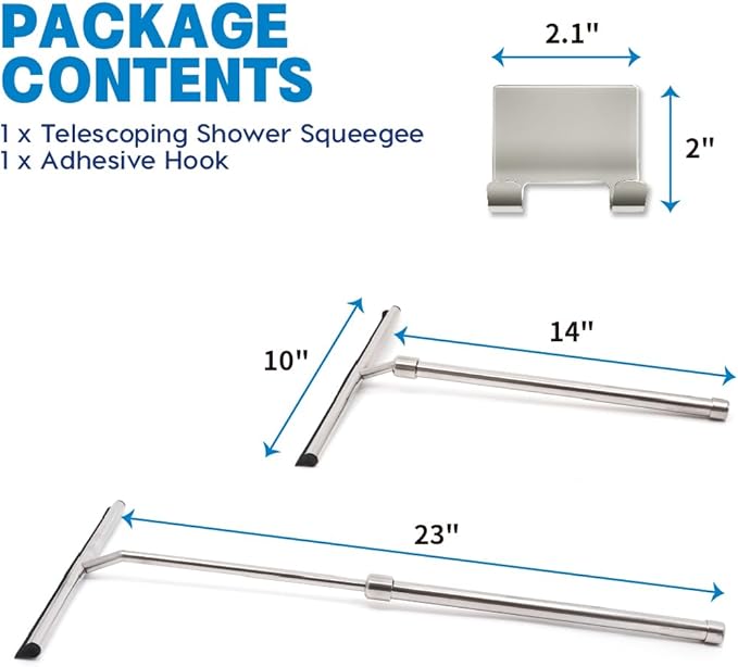 Shower Squeegee with Long Handle and Adhesive Hook. for Glass Doors Tile Walls Mirrors and Windows. Telescoping Squeegee for Cleaning. Bathroom Stainless Steel Squeegee 10inch Wide Chrome – 1pk