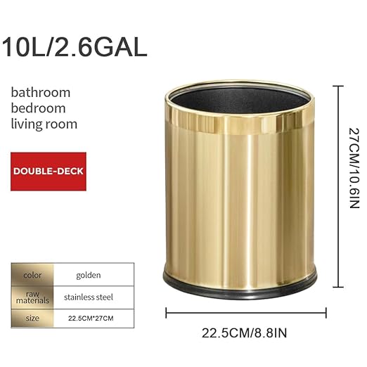 2.6Gallon/10L Brass Bathroom Trash CanBrushed Gold Bathroom Waste BasketGolden Small Garbage Can Waste Basket for BedroomOfficeStoreMetal Trash bin Without lid (Gold)
