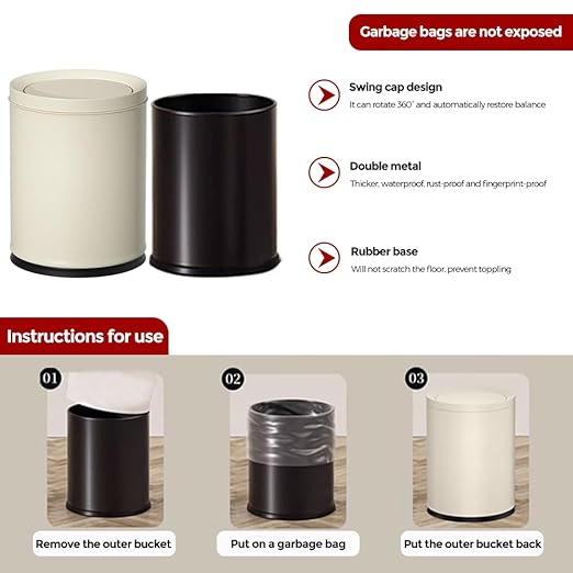 3.1GAL Metal Bathroom Garbage Can with Lid Modern Garbage Can Swing LidDouble BucketSmall Wastebasket for BedroomLiving RoomOfficeBankHotel