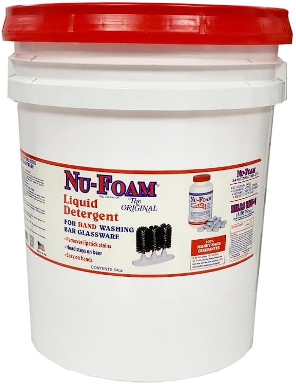 Nu-Foam Liquid Detergent for Bar Glassware – Original Streak-Free Solution - Hand Washing Bar Tavern Brewery Supplies - Spotless Serving Glasses - Concentrated- Easy On Hands - 5 gallon Pail