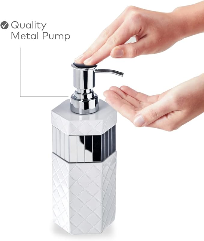 Creative Scents Quilted Mirror White Bathroom Accessories Set - Decorative 6 Piece Bathroom Set Includes: Trash Can Tissue Box Cover Soap Dispenser Toothbrush Holder Tumbler &amp Soap Dish