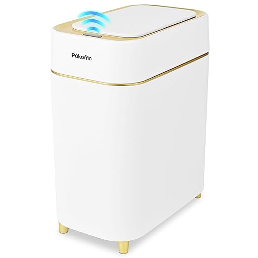 Pukomc 2.3 Gallon / 9L Automatic Adsorption Sensor Trash Can White Gold Motion Sensor Garbage Bin with Suction Slim Fashionable Design for Kitchen Bathroom Office &amp Small Space