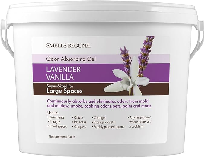 SMELLS BEGONE 1-Gallon Gel Odor Eliminator – High-Capacity Long-Lasting Absorber for Large Basements Garages Workshops &amp Commercial Areas – Remove Tough Odors with Essential Oils (Lavender Vani