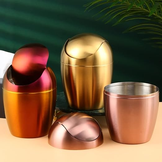 Buyer Star Mini Desktop Trash Can with Swing Lid 18/10 Stainless Steel Counter Top Garbage Bin Egg Shaped Metal Waste Bin (Rose Gold 0.4 Gallon)