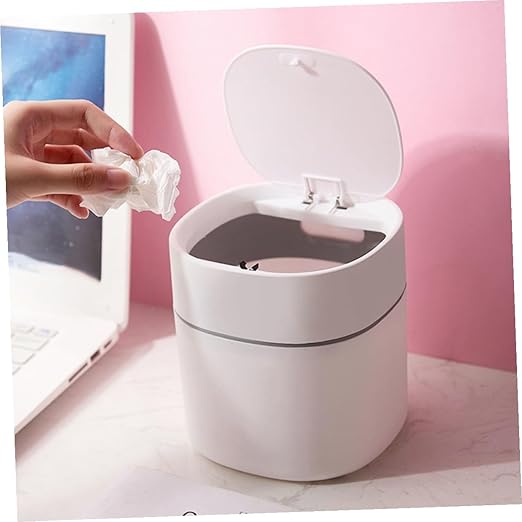 NUOBESTY 2pcs Mini Desk Trash Can with Lid Wear-Resistant Plastic Desktop Wastebasket for Kitchen Office Bedroom Compact Tabletop Garbage Bin for Home Organization