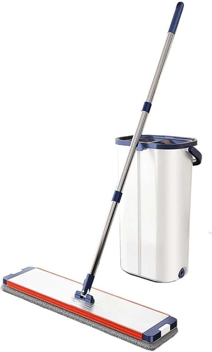 Hands - Free Flat Mop with Bucket 32cm Large Panel 360° Rotation Wet &amp Dry Use Anti Tangling Water Scraping