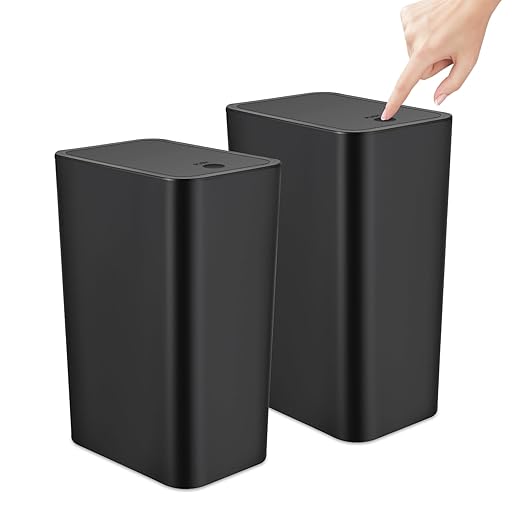 TrashAid 2 Pack Bathroom Trash Can with Lid 2.6 Gallon / 10 Liter Small Garbage Can with Press Top Lid Plastic Wastebasket with Pop-up Lids for Toilet Office Bedroom Living Room Black