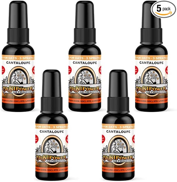 BluntPower (Cantaloupe 5 Pack) Concentrated Air Freshener - Premium Oil Based Air Freshener Spray For Home and Car - Long-Lasting Bathroom Spray Car Freshener &amp Odor Eliminator Spray