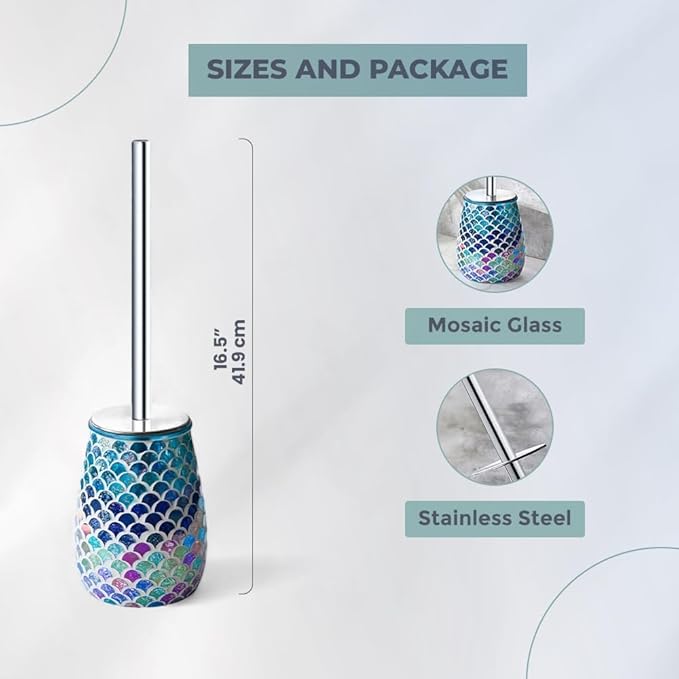 Escenzy Mermaid Bathroom Toilet Brush and Holder Set Mosaic Glass | Non-Rustic Stainless Steel | Practical &amp Decorative Toilet Bowl Brush and Holder | Luxury Mermaid Bathroom Decor