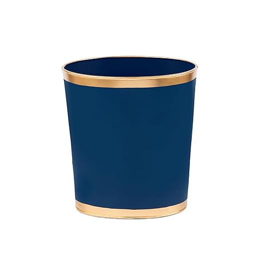Jaye's Studio Mattie Line Oval Wastebasket &amp Garbage Bin Gold Trim &amp Finish Hand-Painted Handcrafted Metal Trash Bin for Bedroom Office Bathroom 12 x 10 x 8 (Indigo Blue)