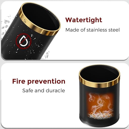 14L/3.7GAL Black and GoldTrash canOpen Top Metal Office WastebasketGold Trash bin Without lid for OfficeHotelStoreRestaurant(Black 14)