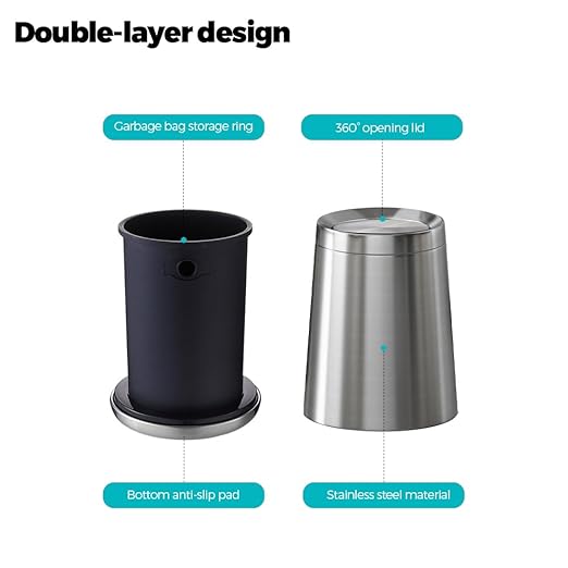 10L / 2.6Gal Small Stainless Steel Sliver Trash CanMetal Bathroom Garbage can with LidModern Home Décor Wastebasket with Flipping Lid Garbage Can for KitchenBathroomLiving Room(Silver)