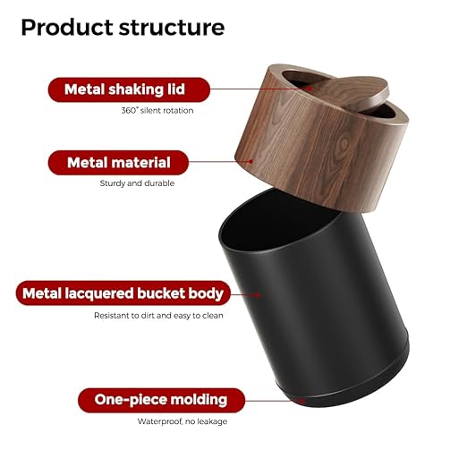 3.1 GAL Modern Metal Trash Can with Realistic Wood TextureBuilt-in Bag HolderFlip LidSmall Bathroom Garbage Can for BathroomHomeOfficeLiving Room (3.1gal Swing lid)