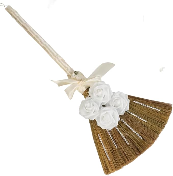 Wedding Broom for Jumping Ceremony Decorative Broomstick DIY with Ribbons Artificial Roses &amp Sticky Pearl African American Jumping The Broom for Wedding