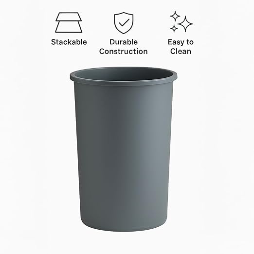 11 Gallon Round Gray Commercial Trash Can with Swing-Top Lid - Hands-Free Polyethylene Wastebasket for Office School Facility and Commercial Use - Dent &amp Crack Resistant