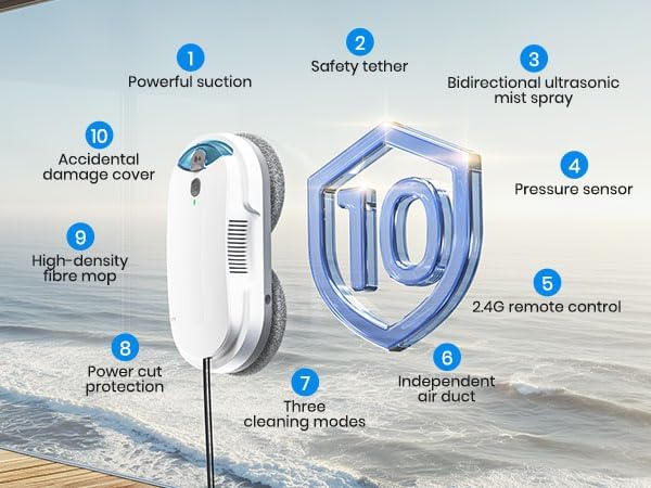 Window Cleaning Robot – 2400-3200Pa Suction Dual Ultrasonic Spray 85ml Tank Edge Detection Anti-Drop 3 Cleaning Modes for Streak-Free Glass