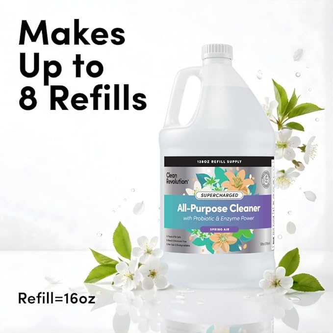 Clean Revolution SuperCharged All Purpose Cleaner Refill with Smart Probiotic + Enzyme Complex Multi-Surface Kitchen Bathroom &amp Floor Cleaner Spring Air 128 Fl Oz
