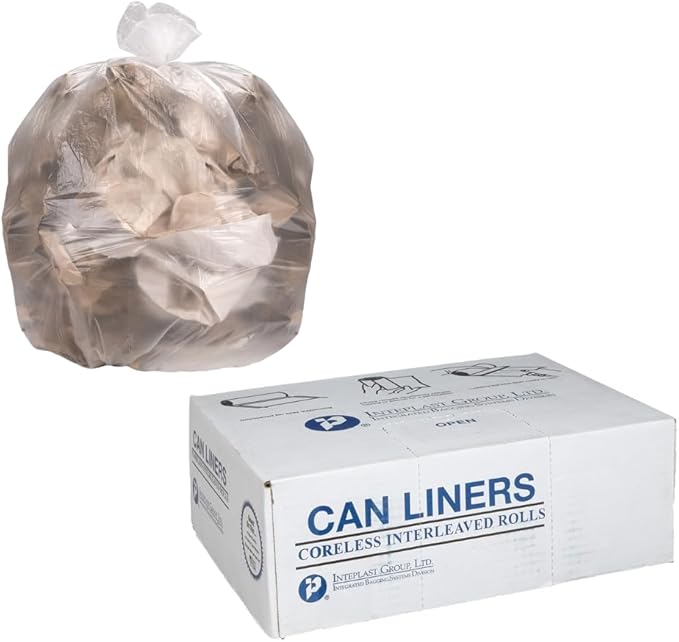 Inteplast Group S434812N 48 Length x 43 Width x 12 Mic Thickness Natural Color HDPE Commercial Coreless Institutional Trash Can Liner Case of 8 Roll 25 Bags per Roll