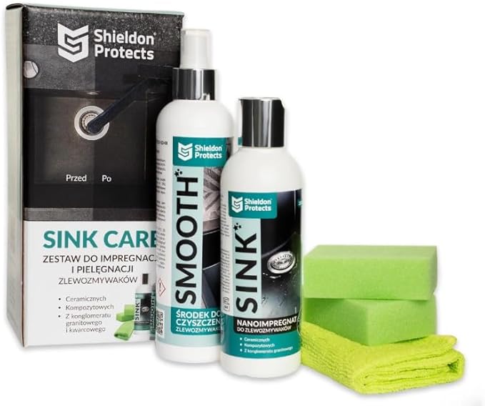 Shieldon Sink Care Kit – Cleaner &amp Nano Sealer for Granite Composite Ceramic &amp Natural Stone Sinks – Restores Shine Repels Stains Grease &amp Hard Water – 2 Sponges &amp Microfiber Cloth
