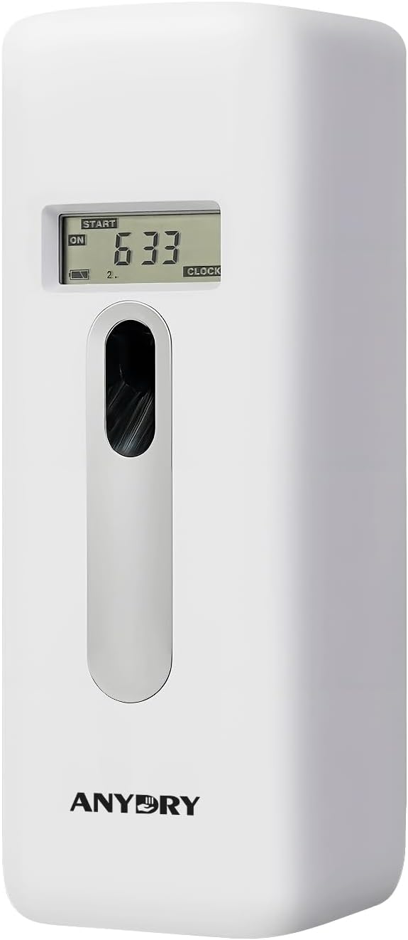 Automatic LCD Air Freshener Dispenser Wall Mount or Free Standing Programmable Spray for Bathroom Home Office Hotel Commercial Use Compatible with Glade Refills White