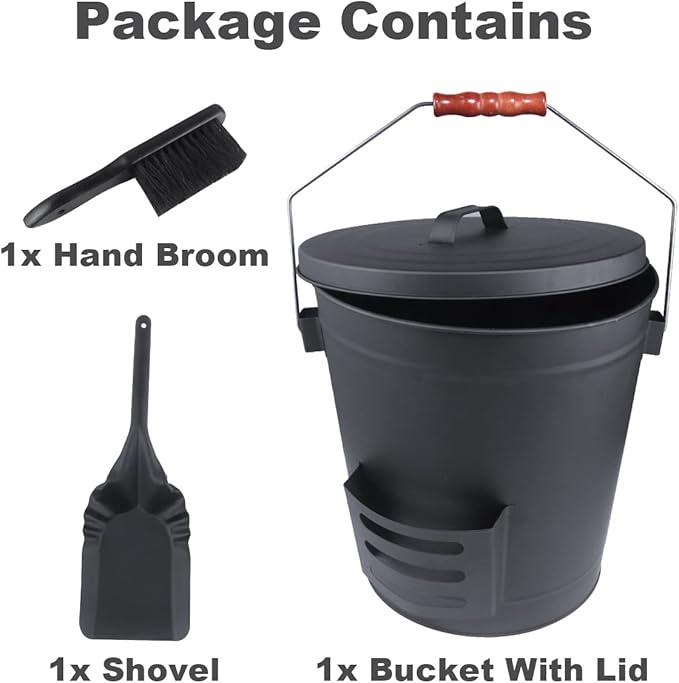 Ash Bucket with Lid and Shovel Hand Broom 5.15 Gallon Large Galvanized Iron Metal Fireplace Tools Ash Pail for Fire Places Fire Pits Wood Burning Stoves Hearth Accessories Indoor Outdoor Black