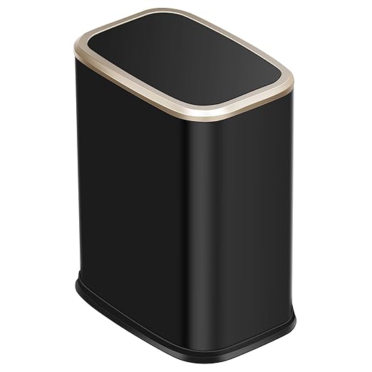 2 Gallon Small Office Bathroom Trash Can with Swing LidLiving Room Bedroom Garbage can Wastebasket binInner Bucket Metal Decor Trash Can (Black Gold)