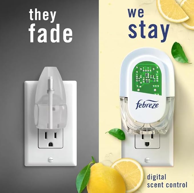 F.e.b.r.e.z.e Plug in Air Freshener Odor-Fighting Scented Oil Starter Kit Air Fresheners for Home and Bathroom and Kitchen Long Lasting for Strong Odors Warmer + 2 Refill (Fresh Lemon)