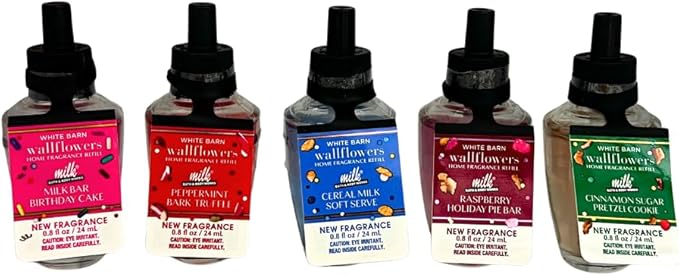 Bath &amp Body Works Wallflowers Refills MILK BAR Collection 2025 5pc Gift Set w/ 30-Inch Metallic Gold &amp Silver Striped Bow – Birthday Cake Cereal Milk Raspberry Pie Peppermint Bark &amp Cin