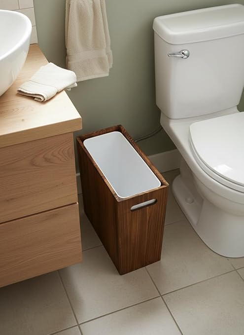 3 Gallon Wooden Trash Can with LinerSmall Solid Wood Bathroom Trash CanNarrow Garbage CanDecorative Waste Basket for BathroomBedroomOffice