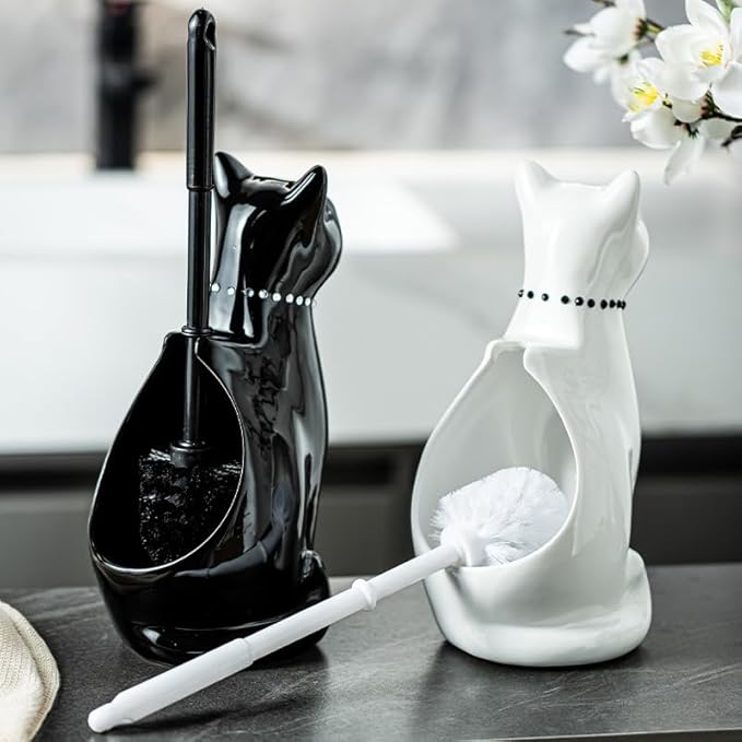 Comeon Ceramic Cat White/Black Toilet Brush and Holder Set Plastic Handled Scrub Brush for Bathroom Cleaning10.63*6.3 (White)