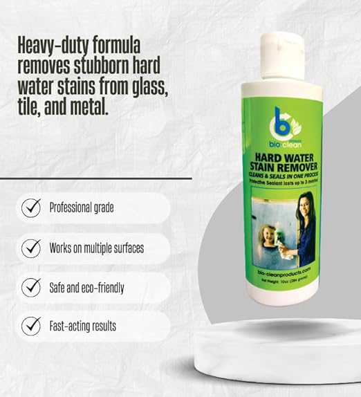 Bio-Clean 10 oz Hard Water Stain Remover 2x Bundle with Microfiber Cleaning Cloth – Removes Water Spots Soap Scum Mineral Deposits &amp More from Glass Metal and Surfaces – Gift Set (3 Items)