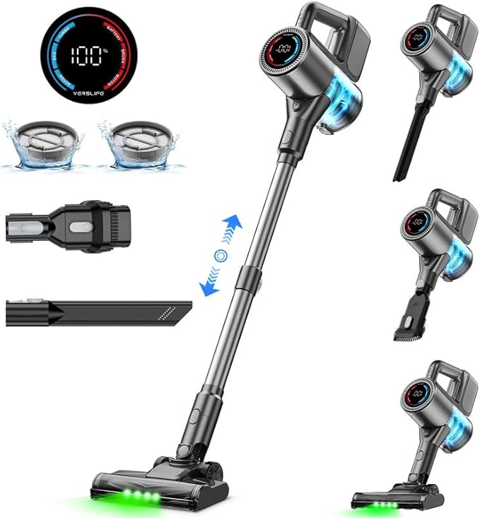 Cordless Vacuum Cleaner 500W/40KPA Lightweight Stick Vacuum up to 40 mins Runtime LED Display and Green Headlights 6-Stages Filtration Self-Standing Vacuum for Home Hard Floor Carpet and Pet Hair
